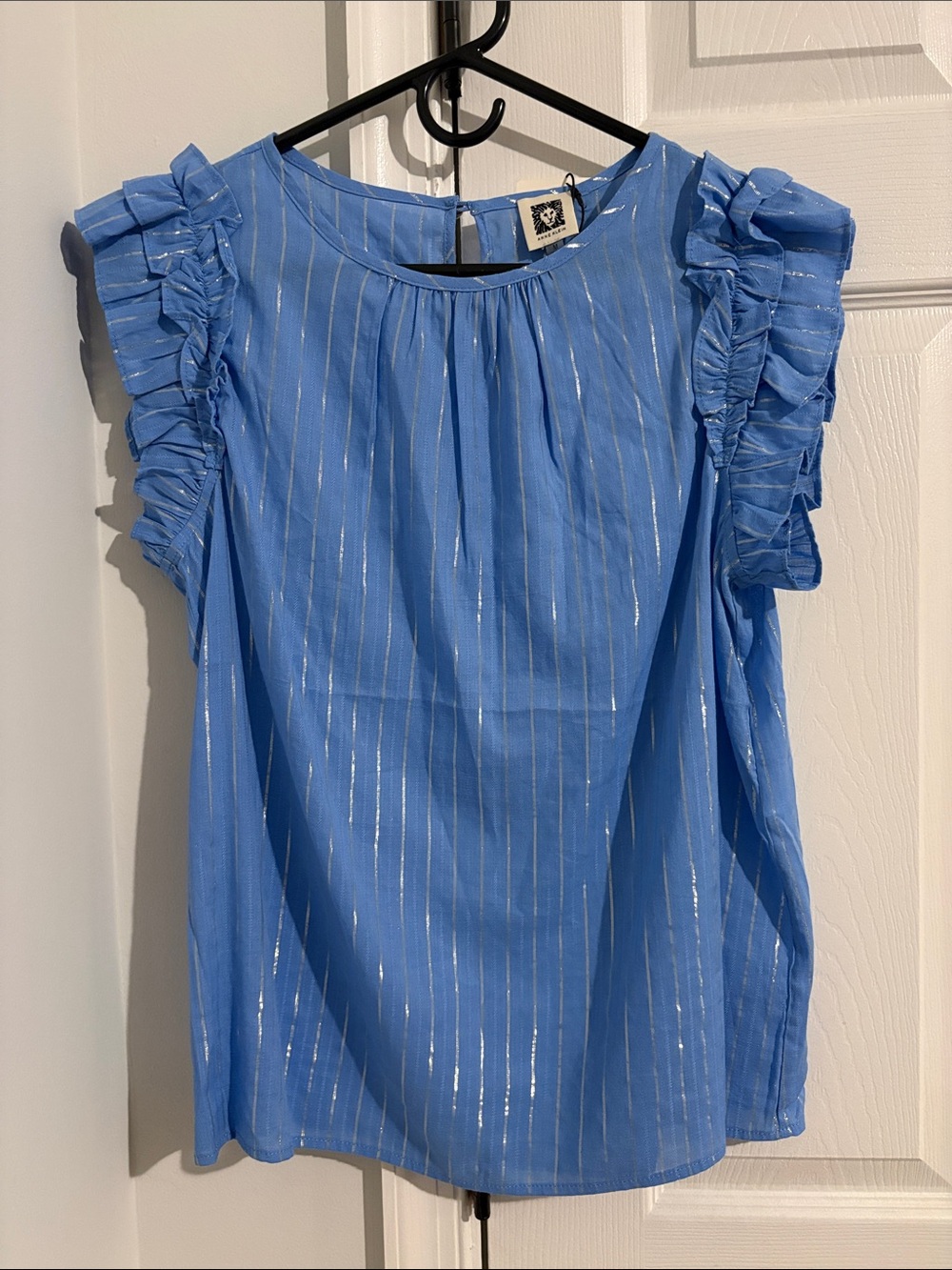 Women’s Light Blue Metallic Stripe Ruffle Sleeve Top